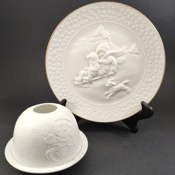Set of Bisque Porcelain Snowy Christmas Children Decorations - Picture 1 of 8
